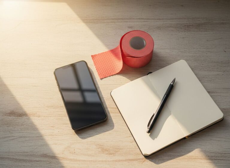 Un téléphone, un rouleau de bande corail et un carnet sur une table de cuisine