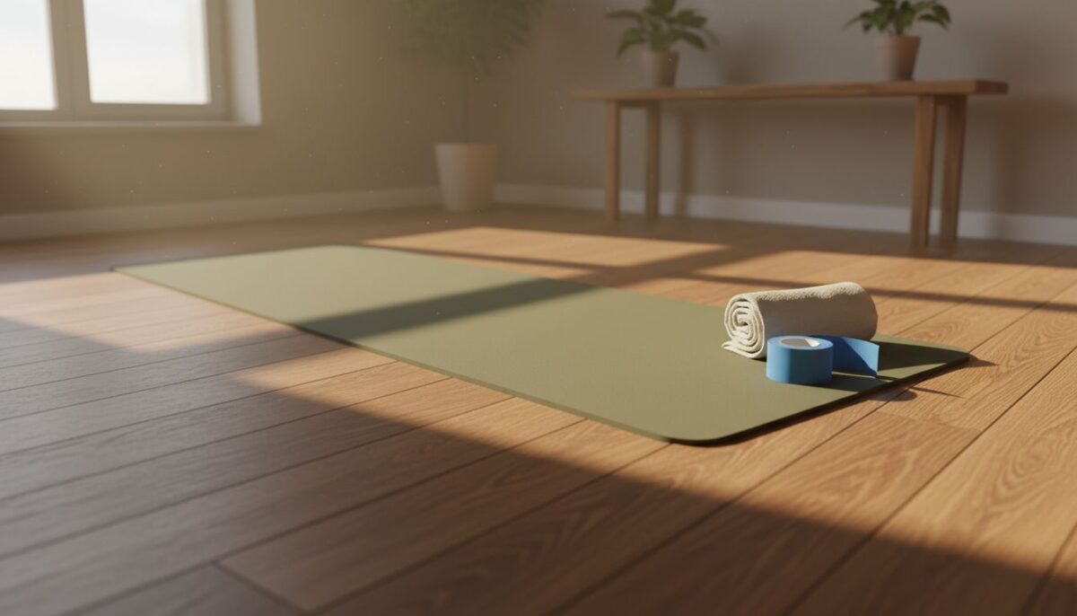 Un tapis au sol au petit matin, un rouleau de bande posé au bord
